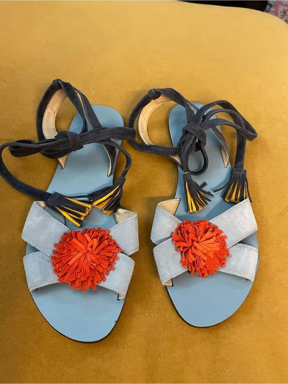 J Crew Blue Suede Ankle Tie Tassel PomPom Sandals 8.5